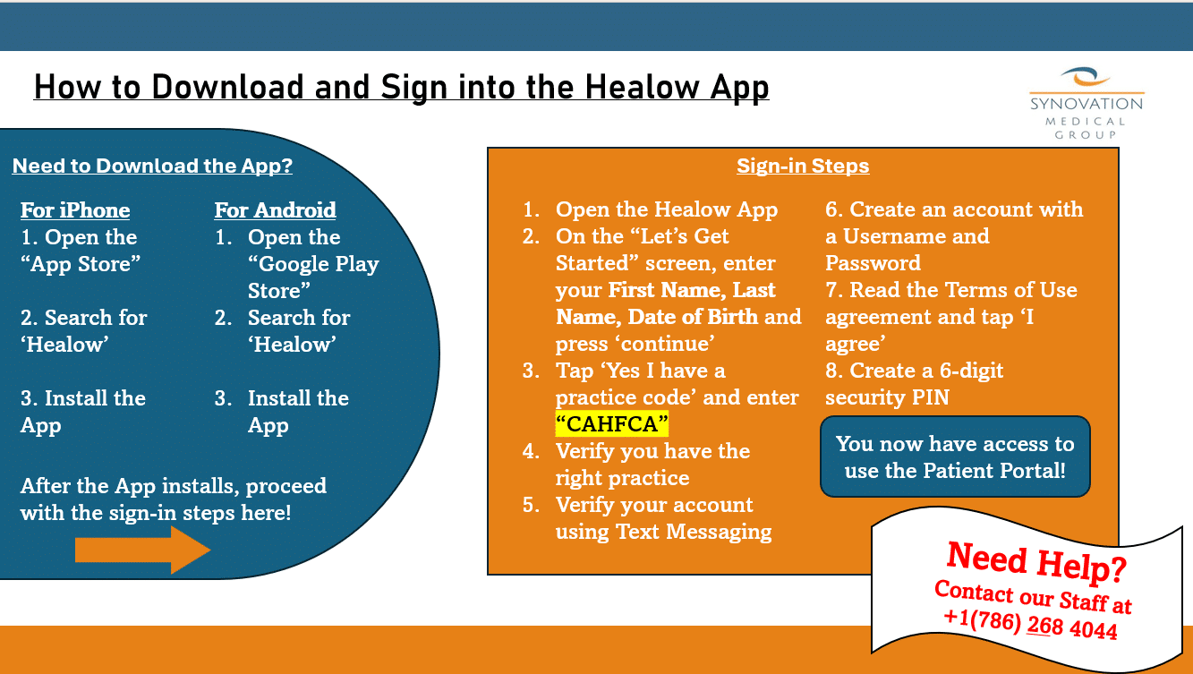 Instructions for installing and logging in to Healow mobile app.